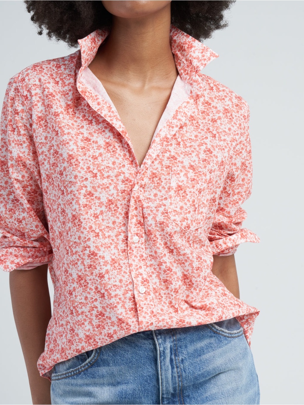 Frank & Eileen. Finbar Relaxed Fit Button Down Shirt. Peach Florals. Size XS.